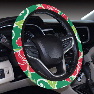 Red Hibiscus Pattern Print Design HB019 Steering Wheel Cover with Elastic Edge