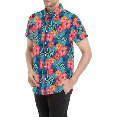 Red Hibiscus Pattern Print Design HB02 Men's Short Sleeve Button Up Shirt