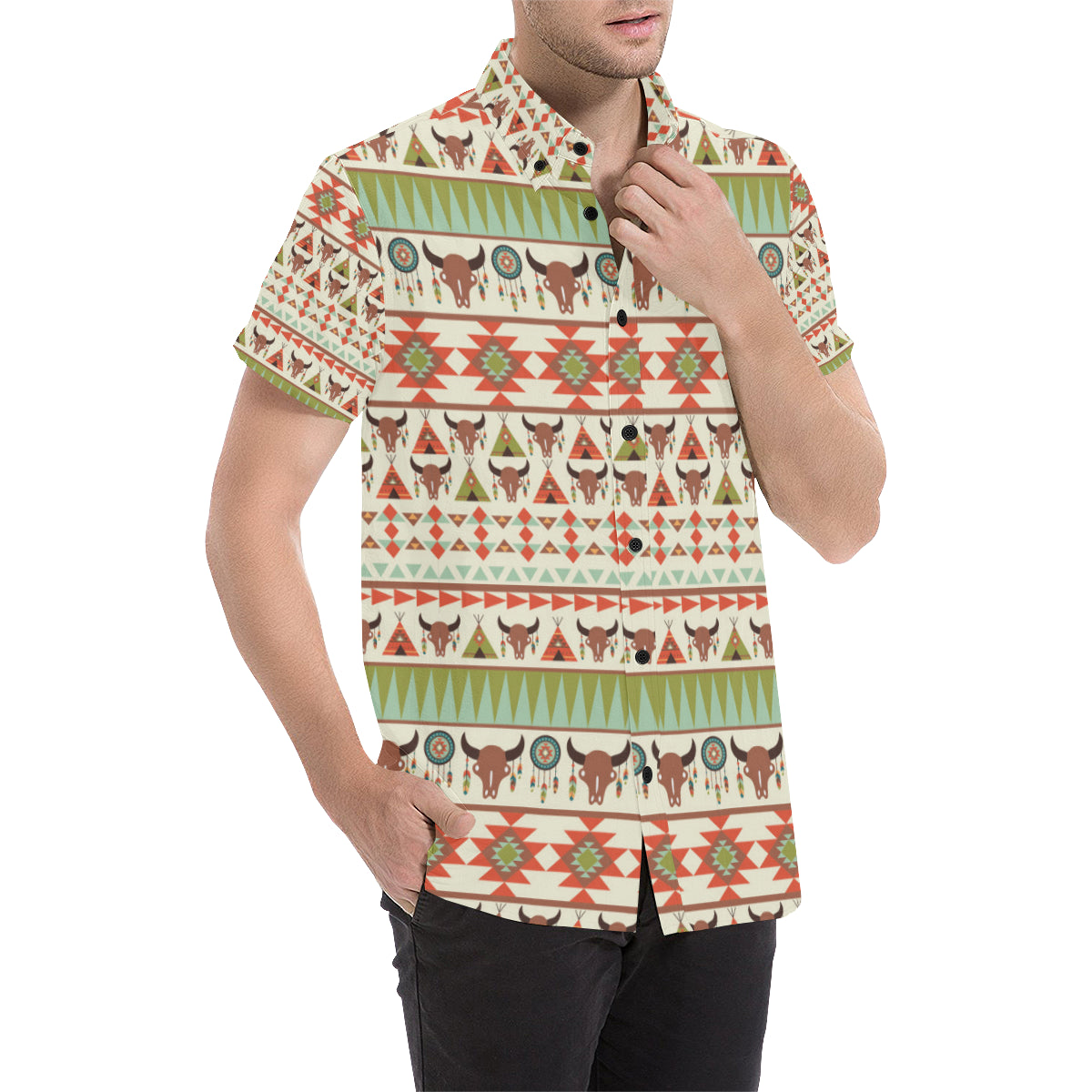 American indian Ethnic Pattern Men's Short Sleeve Button Up Shirt