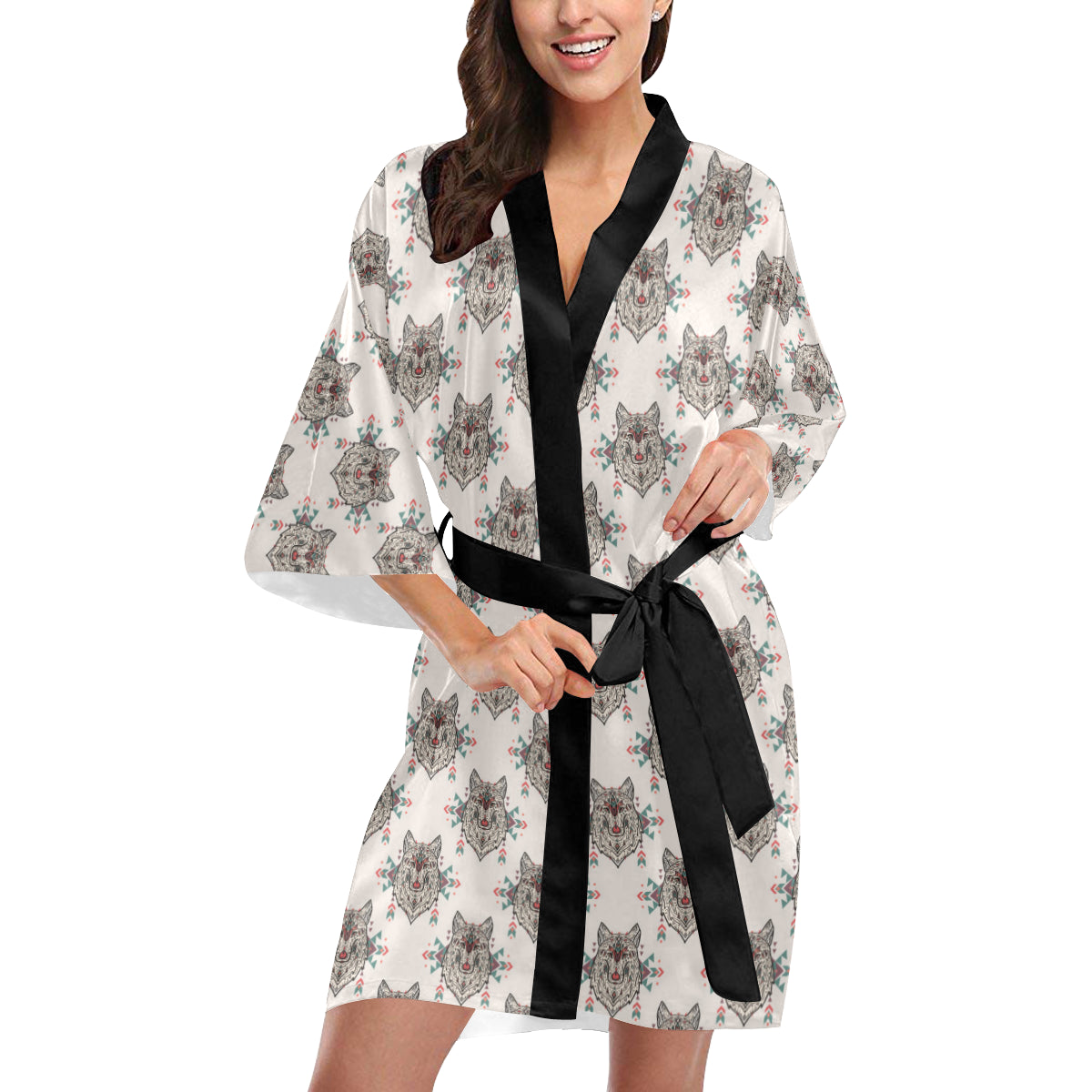 Aztec Wolf Pattern Print Design 01 Women's Short Kimono