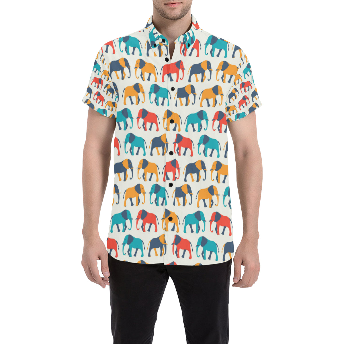 Elephant Colorful Print Pattern Men's Short Sleeve Button Up Shirt