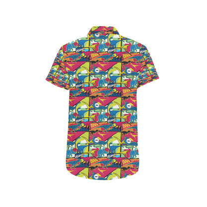 Dinosaur Comic Pop Art Style Men's Short Sleeve Button Up Shirt