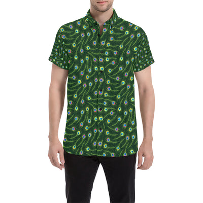 Peacock Feather Green Design Print Men's Short Sleeve Button Up Shirt