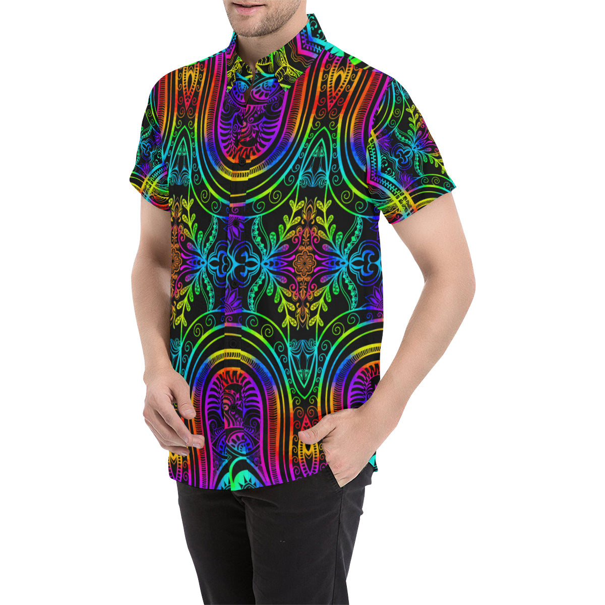 Neon Trible Rainbow Pattern Print Design A01 Men's Short Sleeve Button Up Shirt