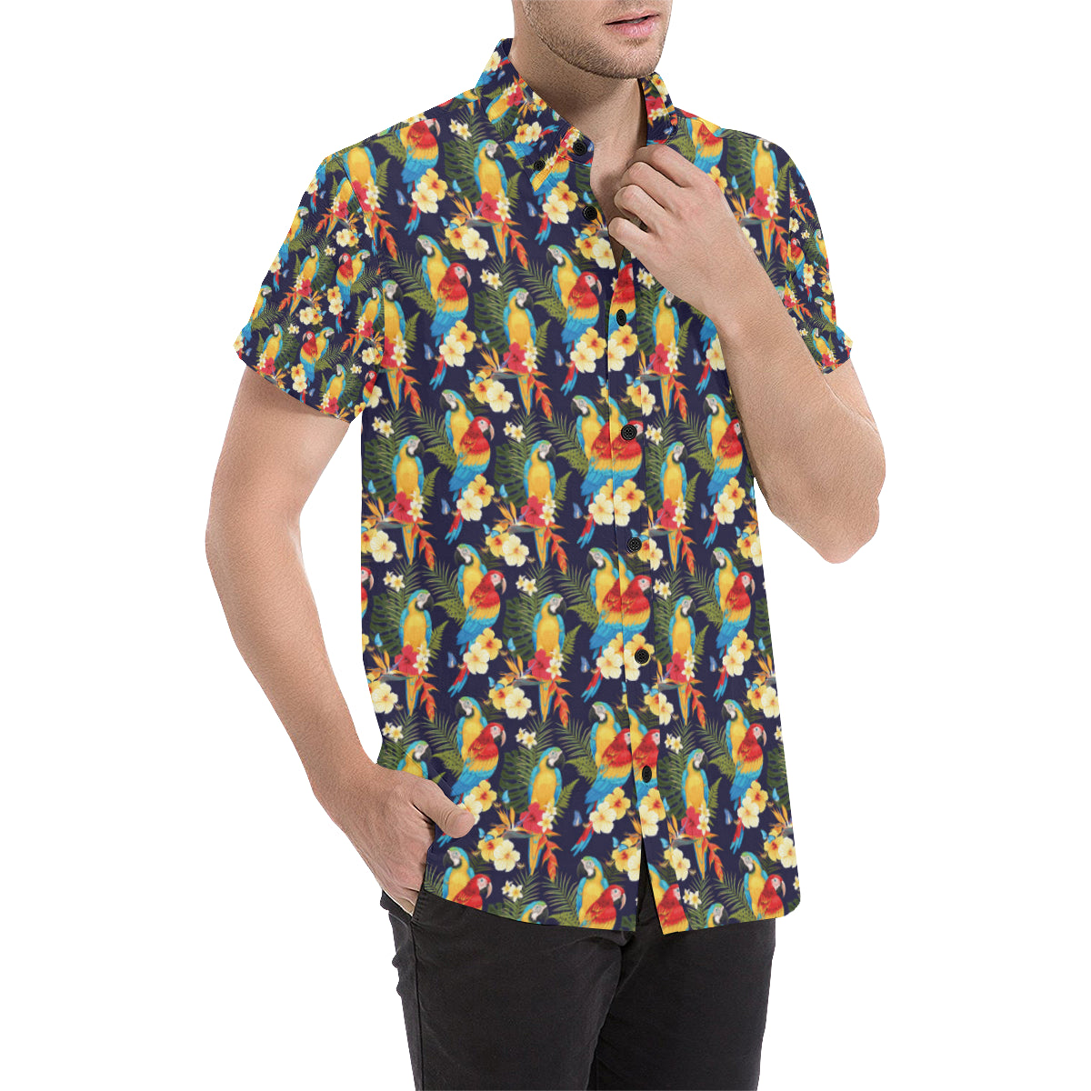 Parrot Themed Design Men's Short Sleeve Button Up Shirt