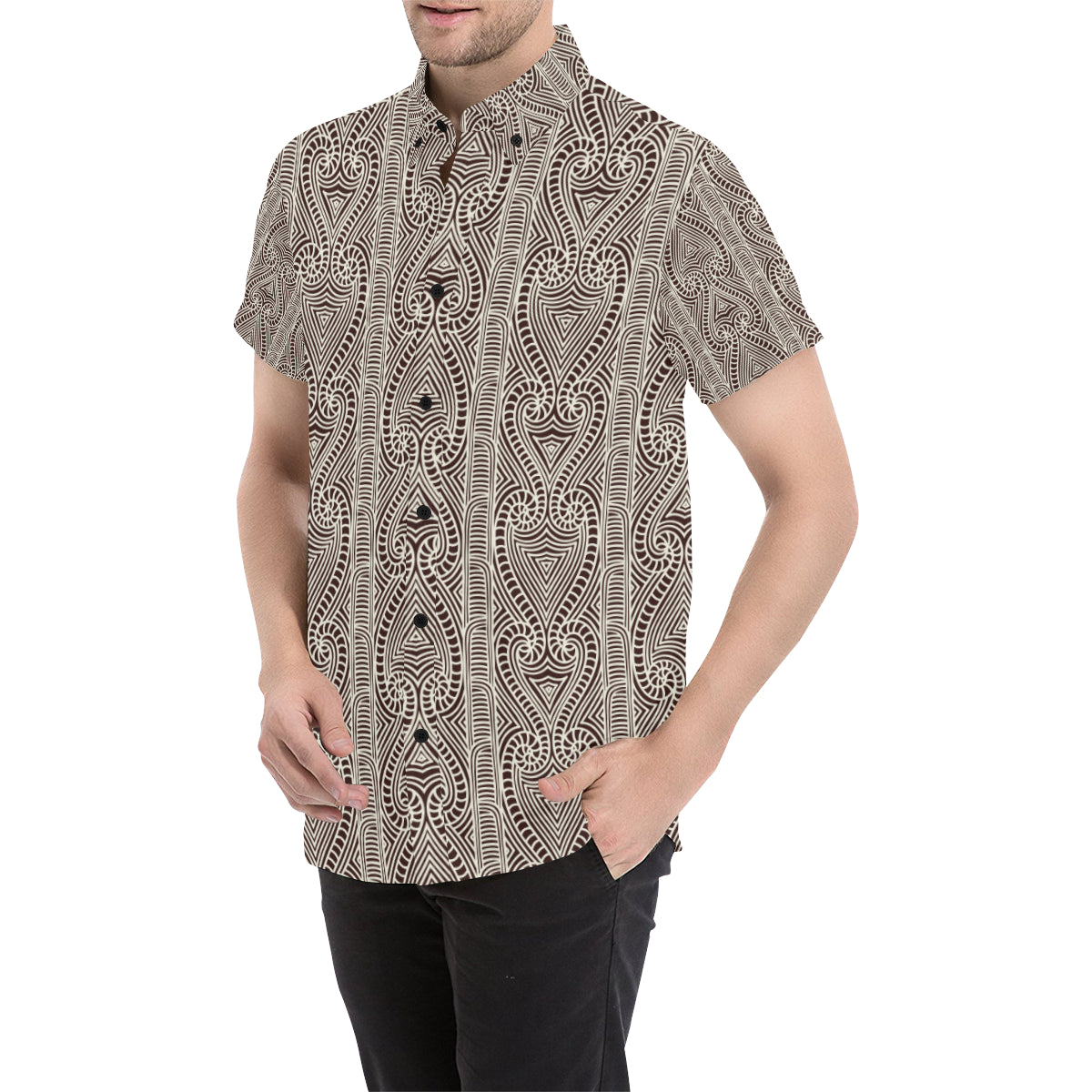 Maori Pattern Print Design 04 Men's Short Sleeve Button Up Shirt