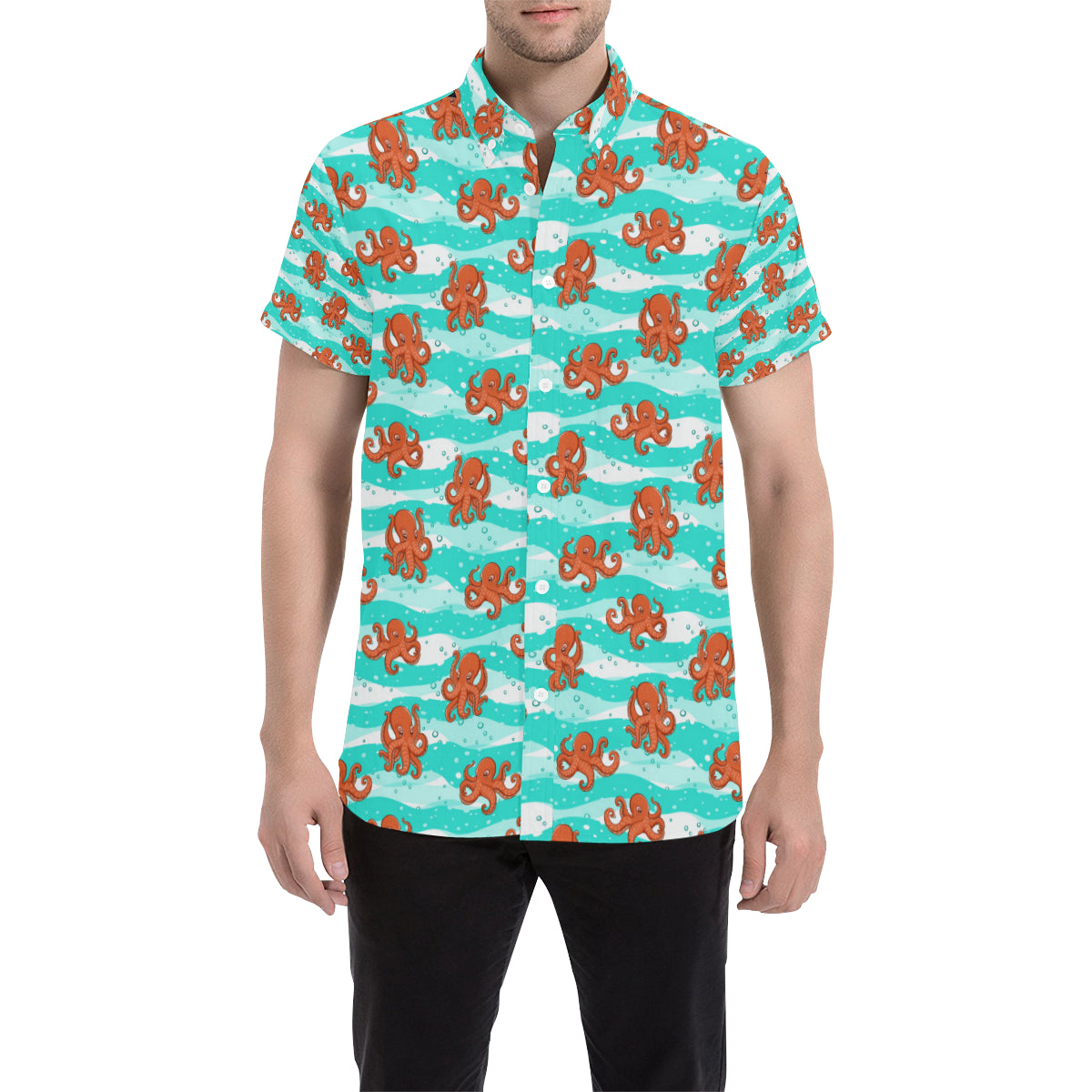 Octopus Cute Design Print Themed Men's Short Sleeve Button Up Shirt