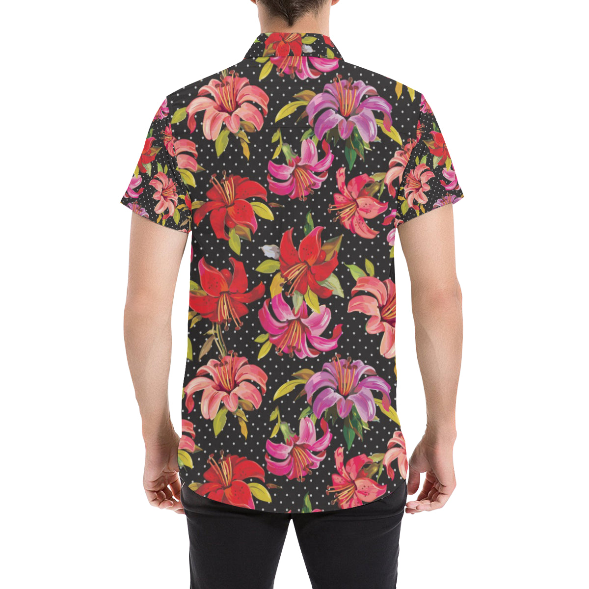 Lily Pattern Print Design LY012 Men's Short Sleeve Button Up Shirt