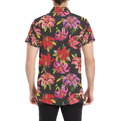 Lily Pattern Print Design LY012 Men's Short Sleeve Button Up Shirt