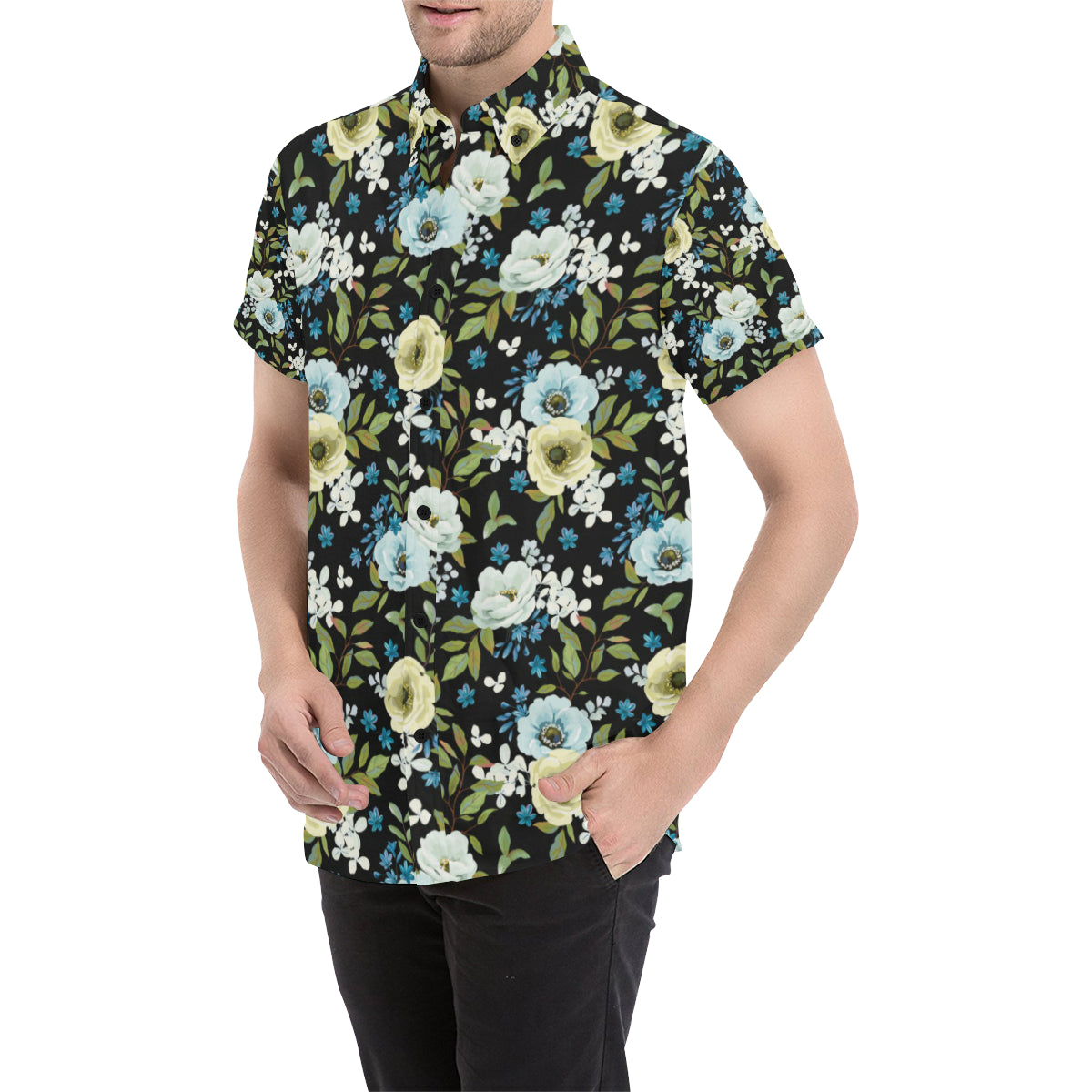 Anemone Pattern Print Design AM03 Men's Short Sleeve Button Up Shirt
