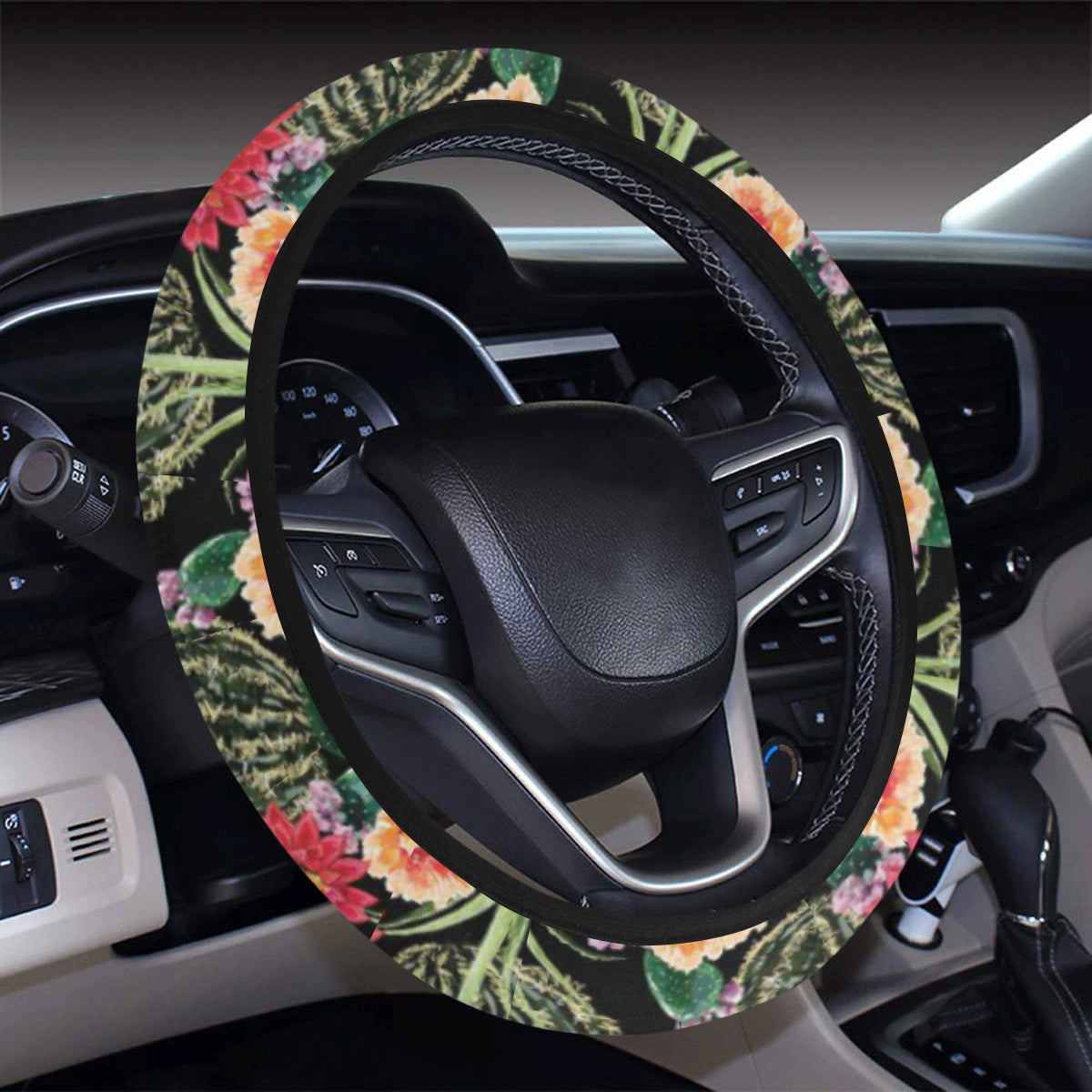 Cactus Pattern Print Design 06 Steering Wheel Cover with Elastic Edge