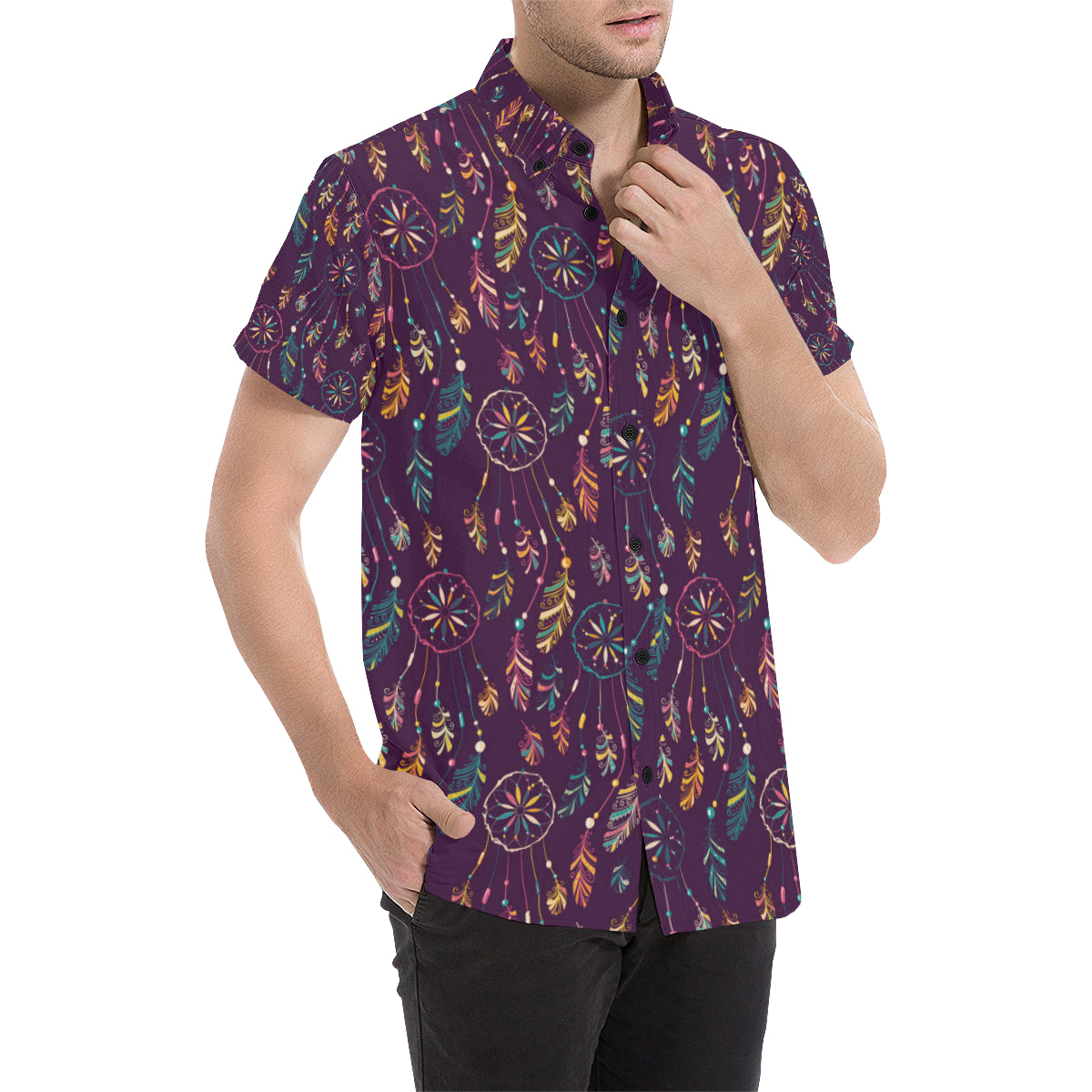 Dream Catcher Boho Design Men's Short Sleeve Button Up Shirt