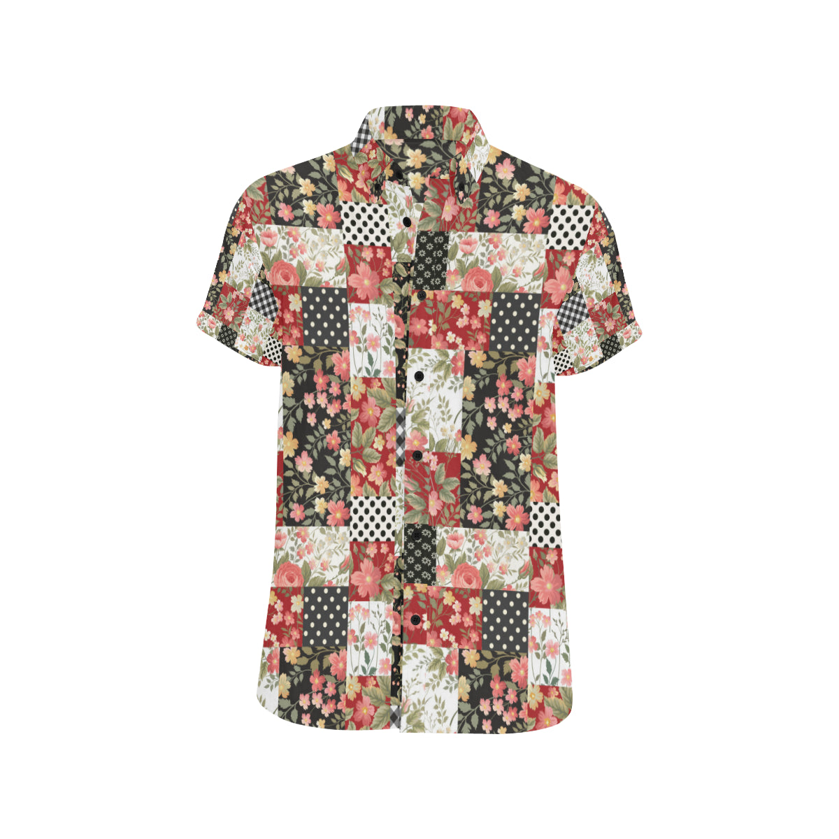 Patchwork Flower Pattern Print Design 03 Men's Short Sleeve Button Up Shirt