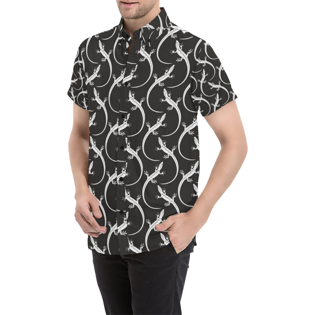 lizard Pattern Print Design 01 Men's Short Sleeve Button Up Shirt