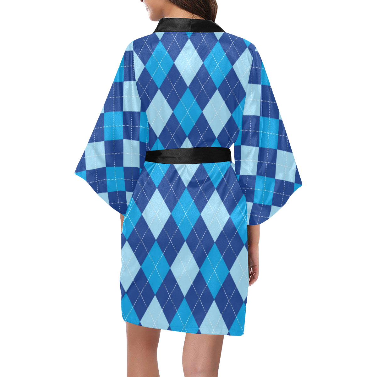 Argyle Blue Pattern Print Design 02 Women's Short Kimono