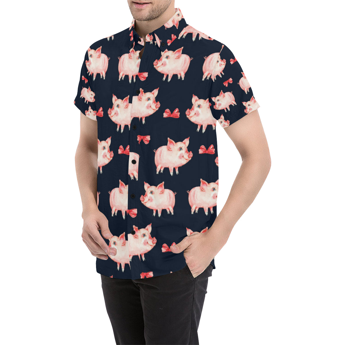 Pig Cute Pattern Print Design 02 Men's Short Sleeve Button Up Shirt
