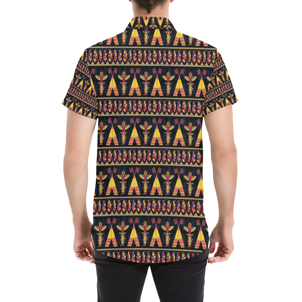Totem Pole Design Men's Short Sleeve Button Up Shirt