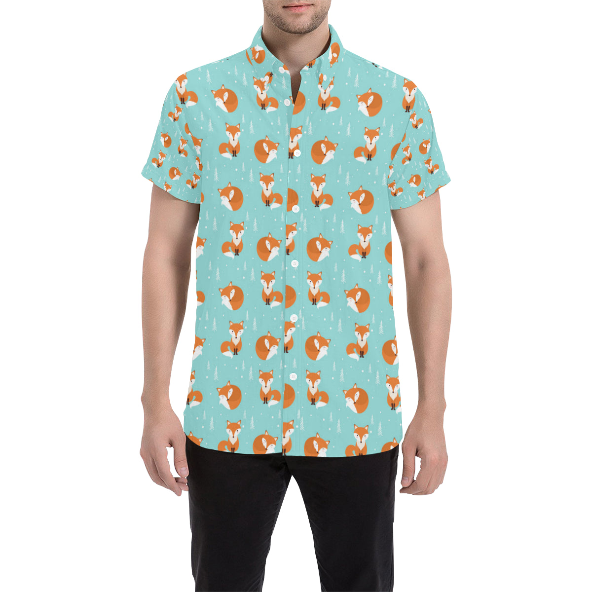 Fox Design Snow Print Pattern Men's Short Sleeve Button Up Shirt