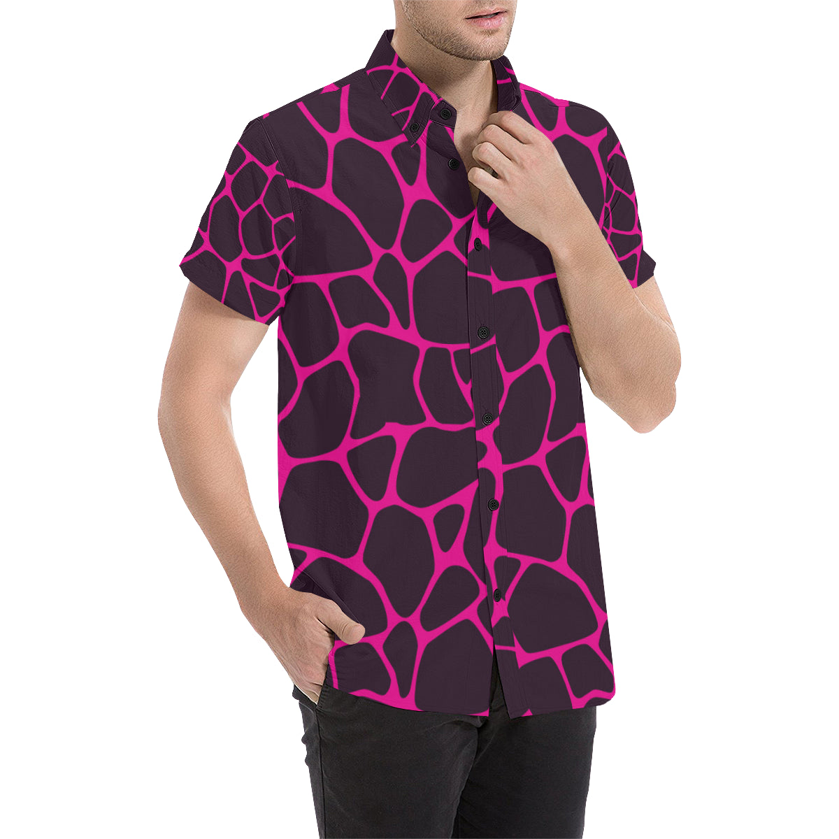 Giraffe Pink Background Texture Print Men's Short Sleeve Button Up Shirt