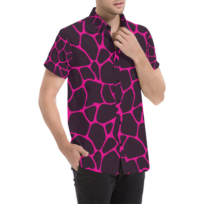 Giraffe Pink Background Texture Print Men's Short Sleeve Button Up Shirt