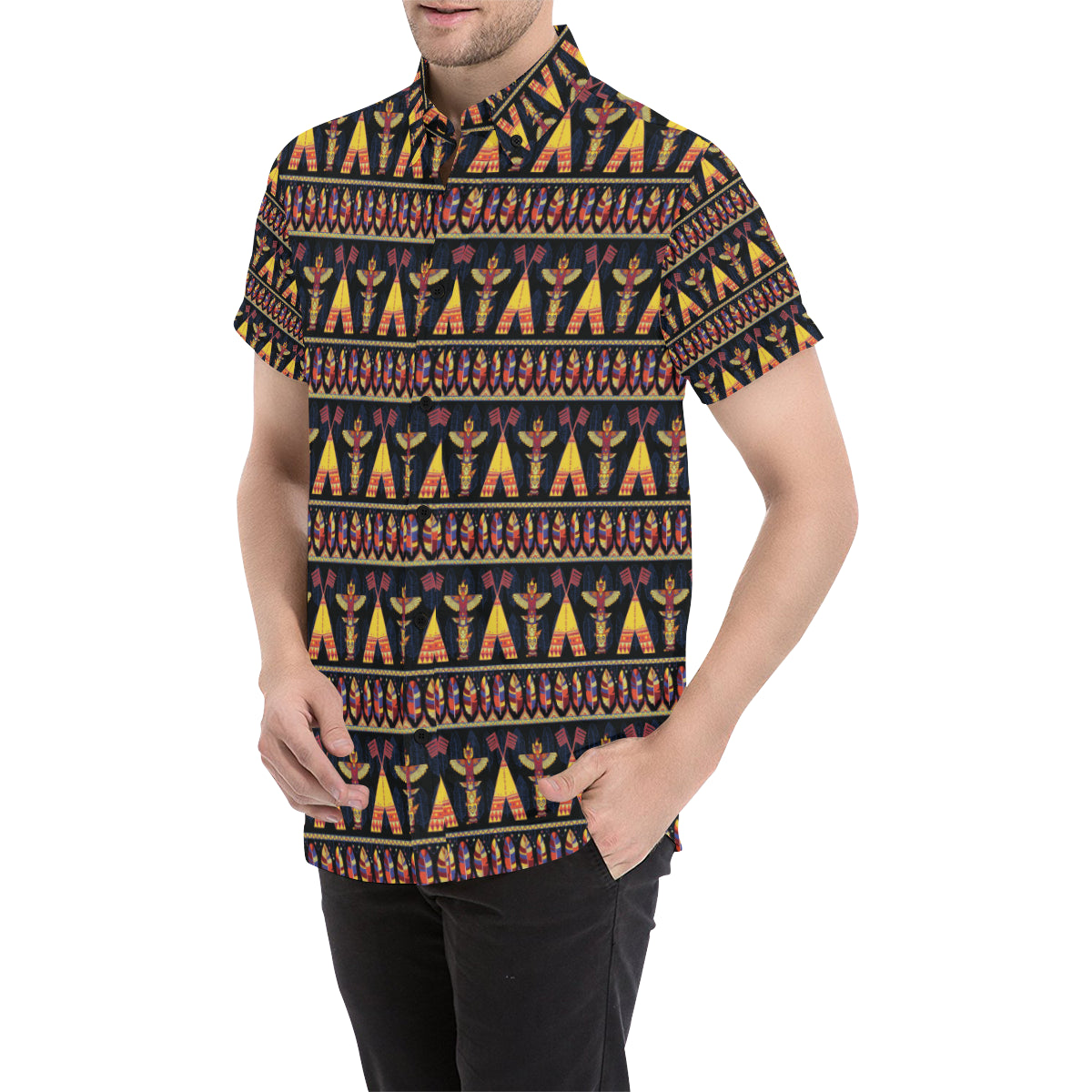 Totem Pole Design Men's Short Sleeve Button Up Shirt