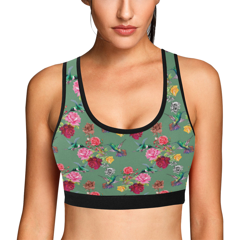 Hummingbird with Rose Themed Print Sports Bra