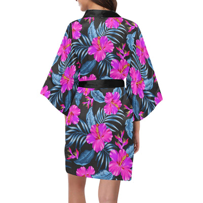 Neon Pink Hibiscus Pattern Print Design HB015 Women Kimono Robe