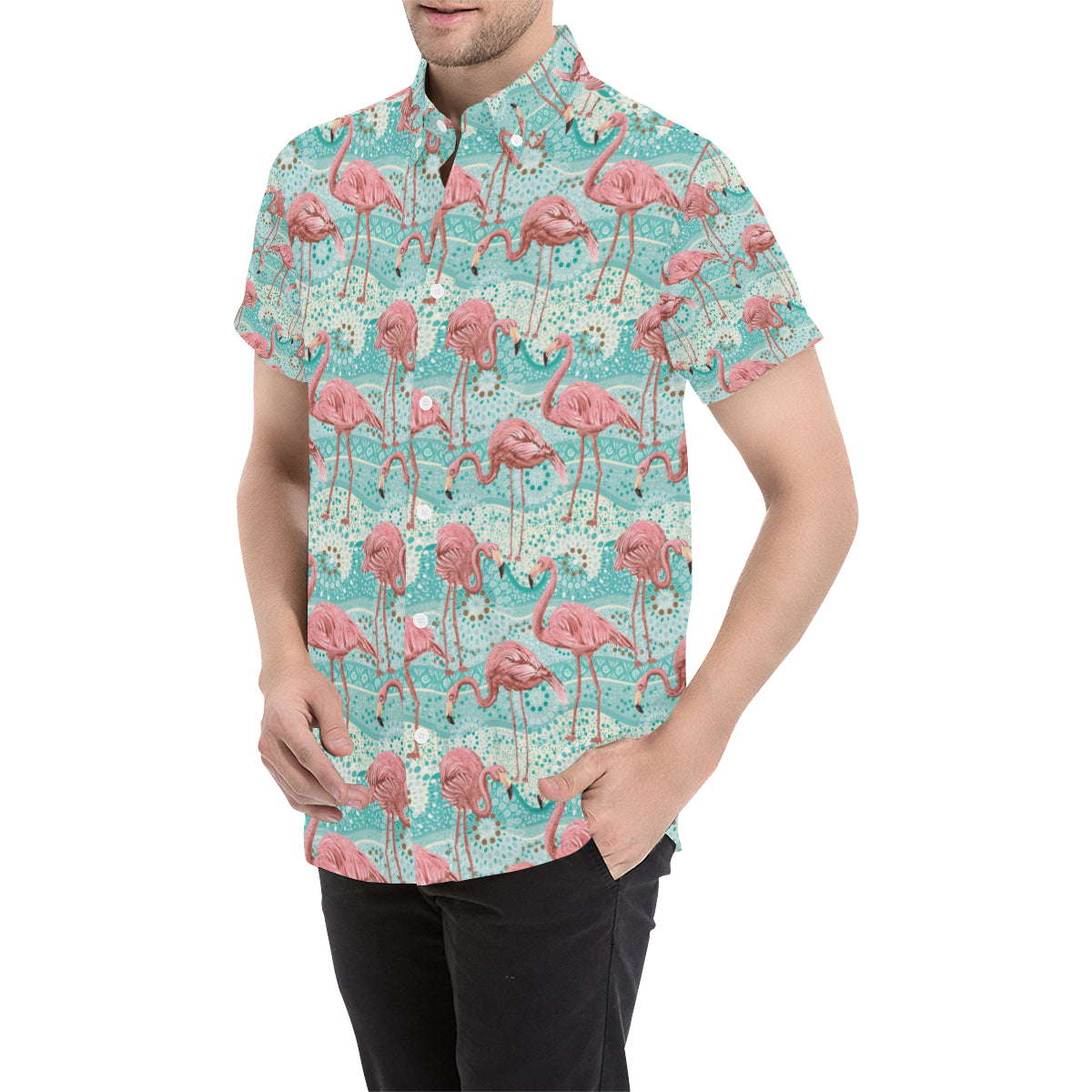 Flamingo Background Themed Print Men's Short Sleeve Button Up Shirt