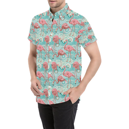 Flamingo Background Themed Print Men's Short Sleeve Button Up Shirt