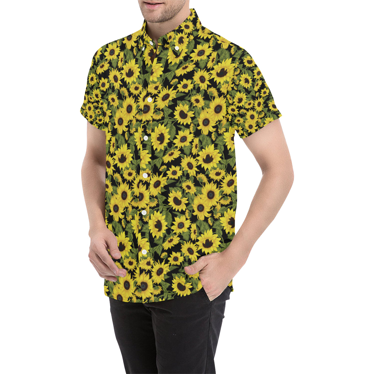 Sunflower Fresh Bright Color Print Men's Short Sleeve Button Up Shirt