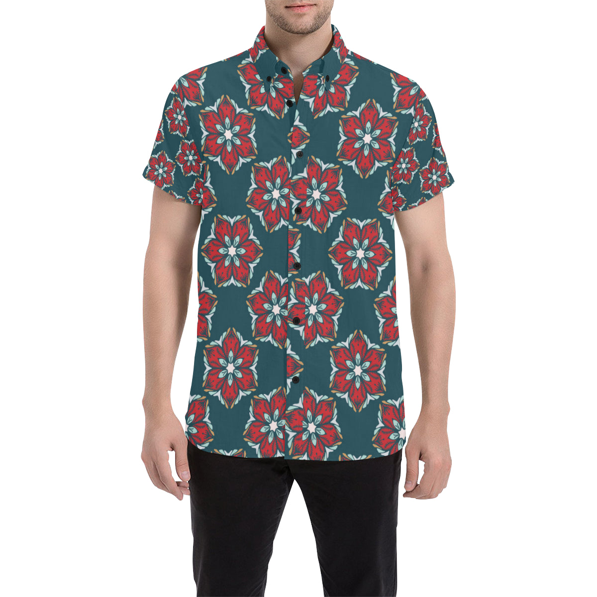 Poinsettia Pattern Print Design A03 Men's Short Sleeve Button Up Shirt