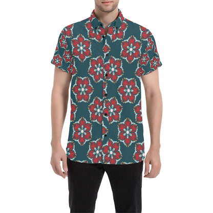 Poinsettia Pattern Print Design A03 Men's Short Sleeve Button Up Shirt
