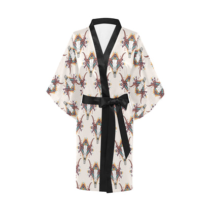 Buffalo Head Pattern Print Design 02 Women's Short Kimono
