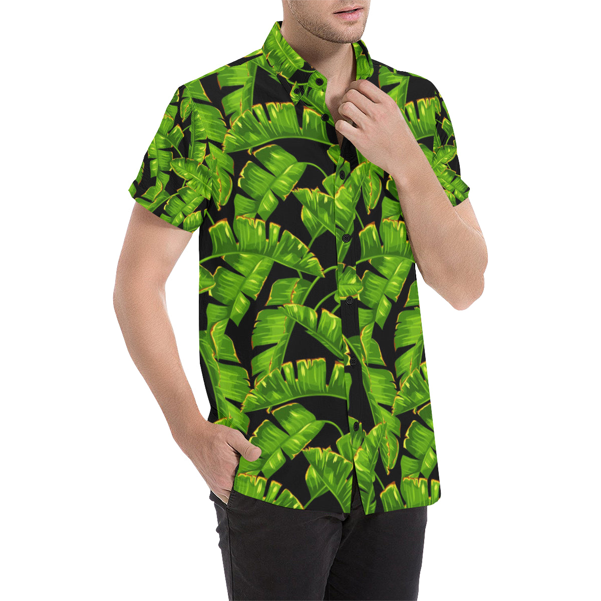 Banana Leaf Pattern Print Design BL06 Men's Short Sleeve Button Up Shirt