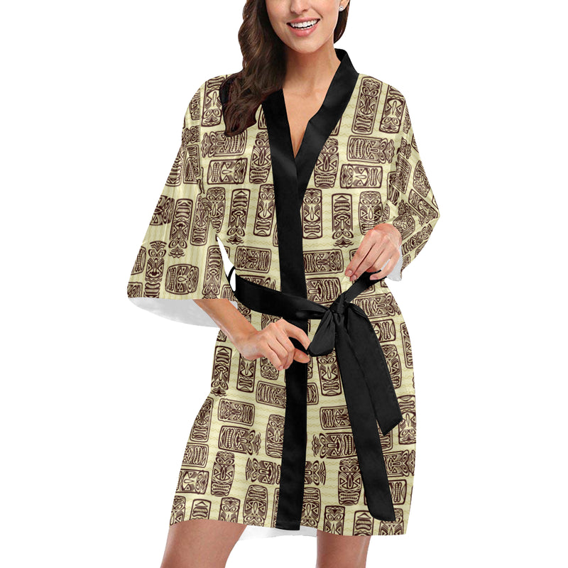 Tiki Brown Mask Print Women's Short Kimono