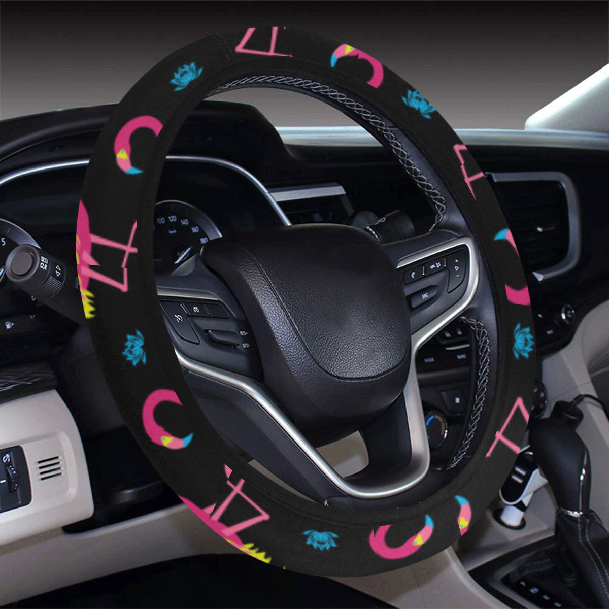 Flamingo Pink Neon Print Pattern Steering Wheel Cover with Elastic Edge
