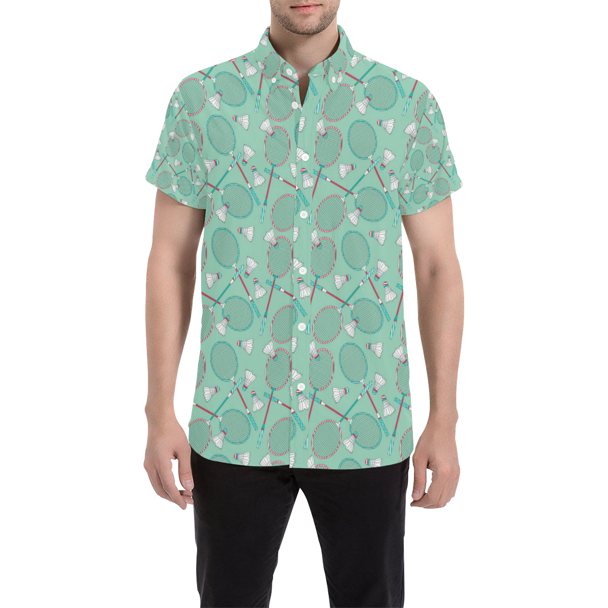 Badminton Pattern Print Design 05 Men's Short Sleeve Button Up Shirt