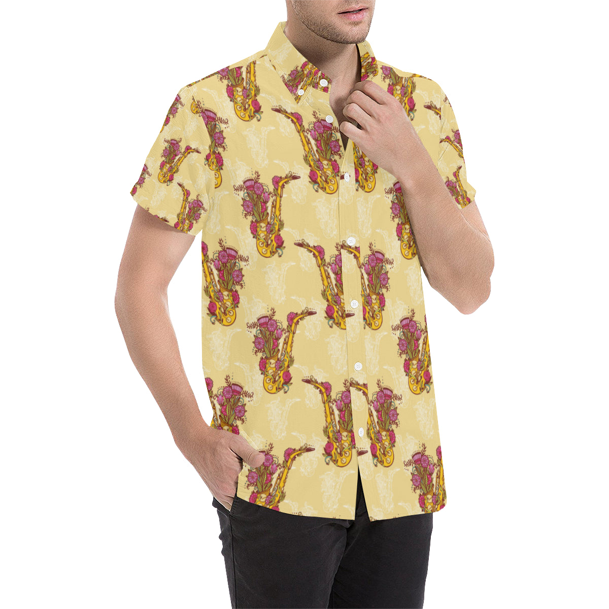Saxophone Pattern Print Design 04 Men's Short Sleeve Button Up Shirt