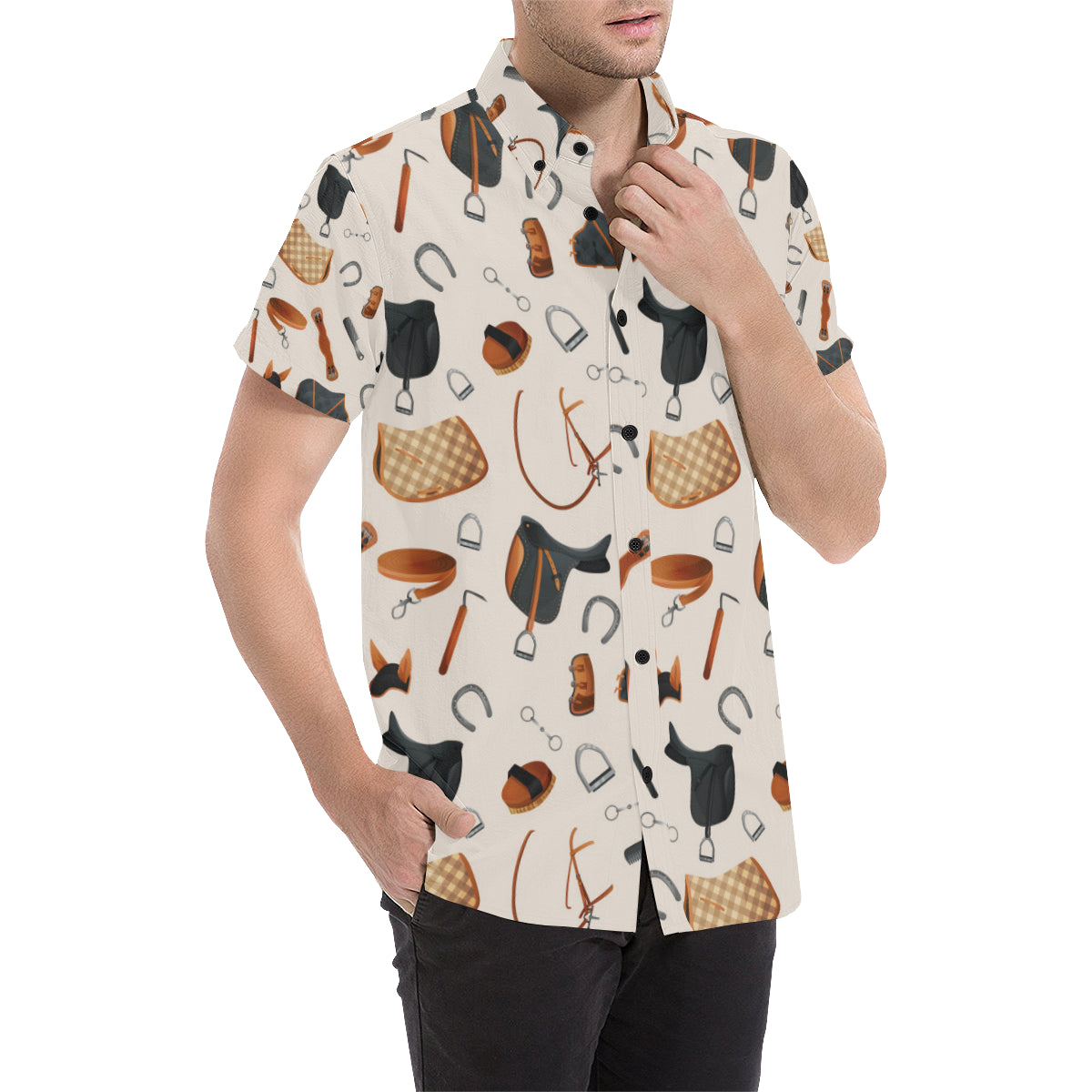 Equestrian Equipment Print Pattern Men's Short Sleeve Button Up Shirt