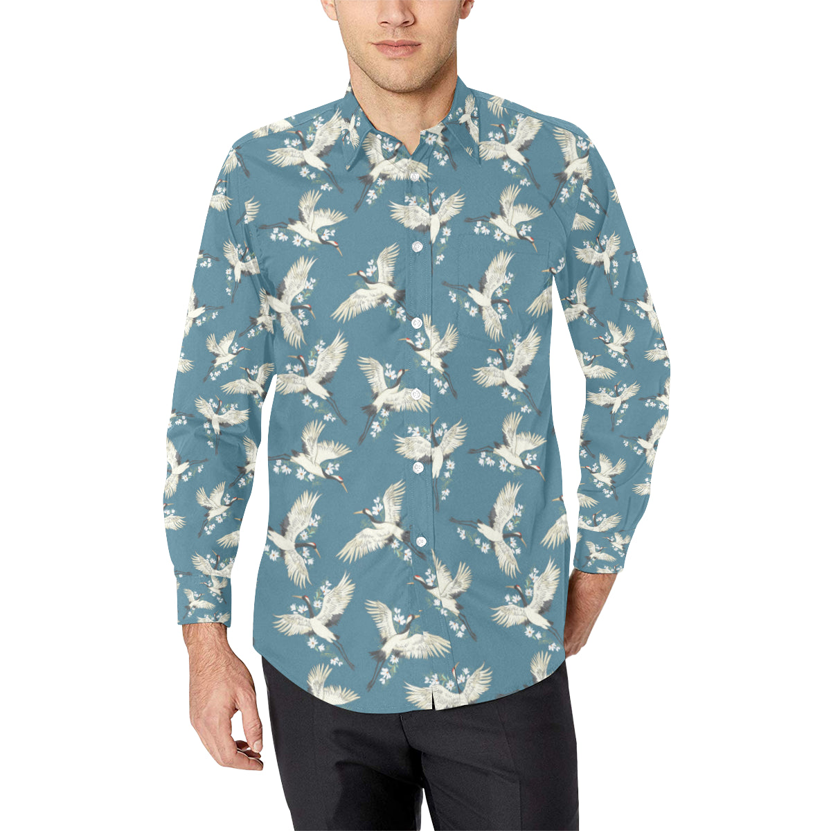 Crane Pattern Print Design 02 Men's Long Sleeve Shirt