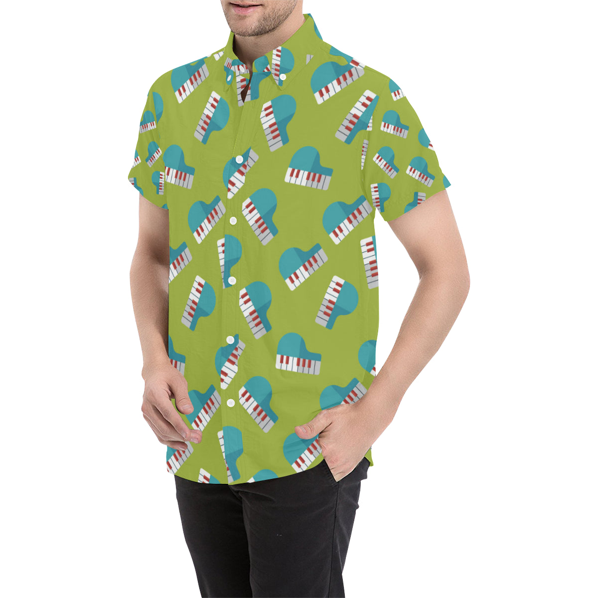 Piano Pattern Print Design 03 Men's Short Sleeve Button Up Shirt