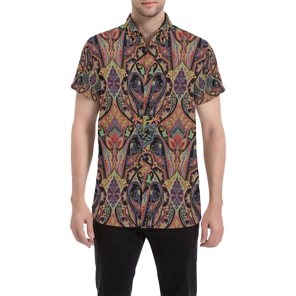 Bohemian Pattern Print Design 06 Men's Short Sleeve Button Up Shirt