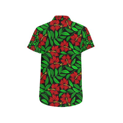 Red Hibiscus Embroidered Pattern Print Design HB03 Men's Short Sleeve Button Up Shirt