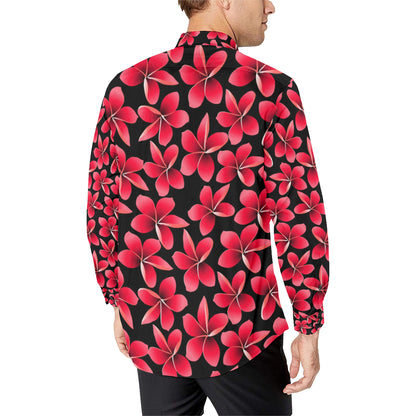 Red Plumeria Pattern Print Design PM025 Men's Long Sleeve Shirt