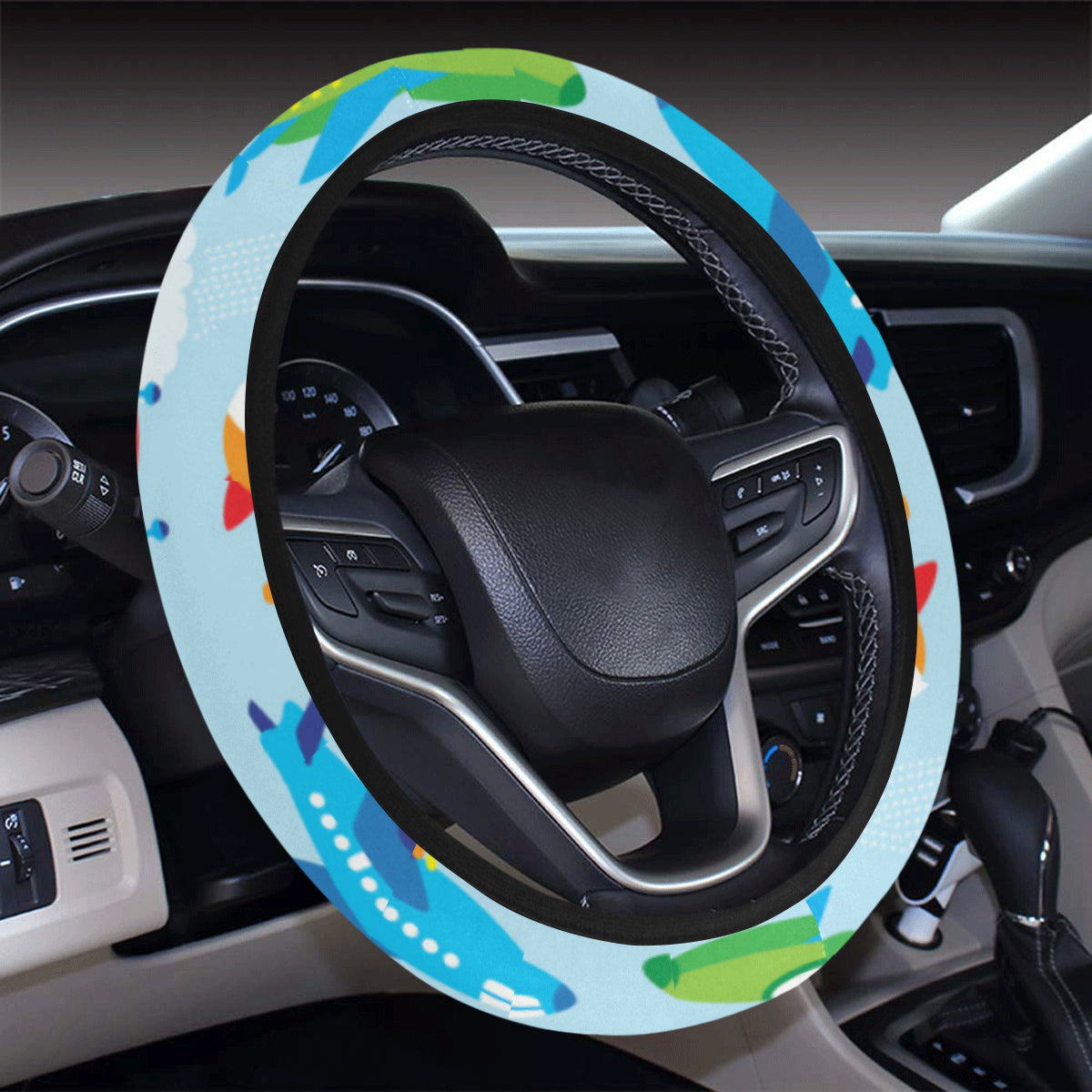 Airplane Colorful Pattern Print Design 01 Steering Wheel Cover with Elastic Edge