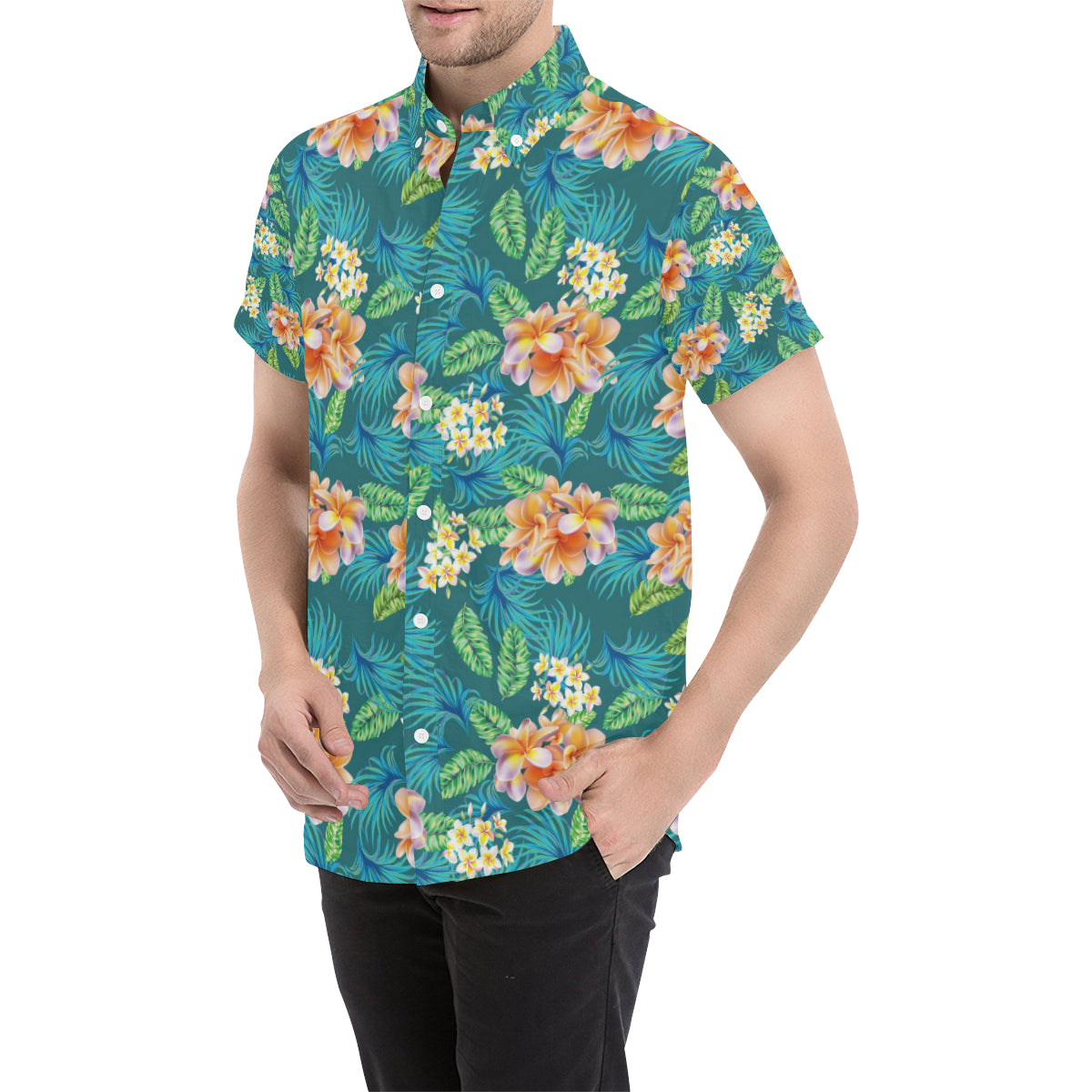 Plumeria Tropical Flower Design Print Men's Short Sleeve Button Up Shirt
