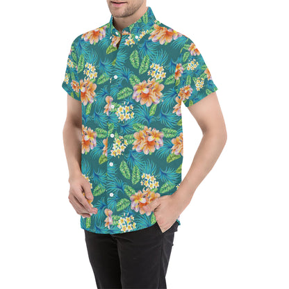 Plumeria Tropical Flower Design Print Men's Short Sleeve Button Up Shirt