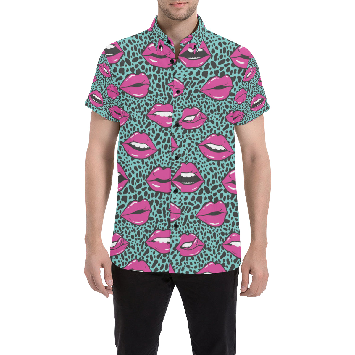 Lip Pattern Print Design 04 Men's Short Sleeve Button Up Shirt