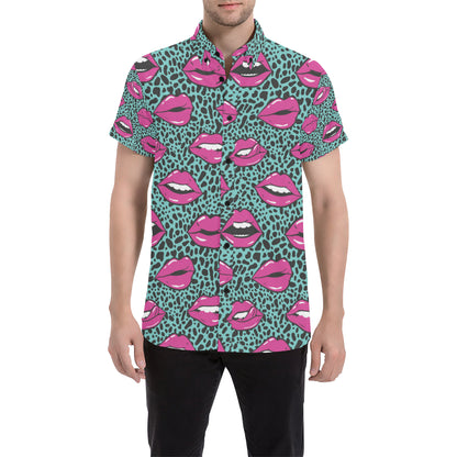 Lip Pattern Print Design 04 Men's Short Sleeve Button Up Shirt