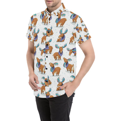 Moose Cute Pattern Print Design 01 Men's Short Sleeve Button Up Shirt